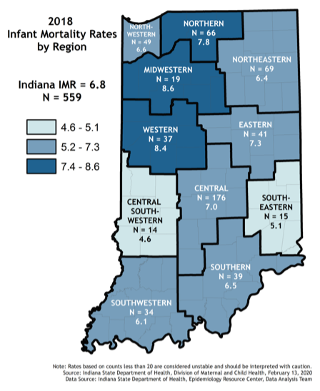 Indiana infant mortality rates map by region 2018