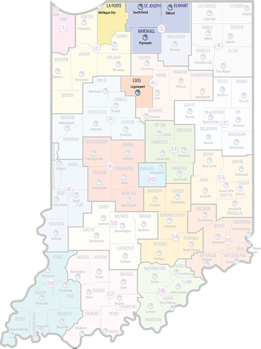 Indiana map showing IMHC offices in LaPort, St. Joseph, Elkhart, and Cass counties